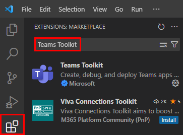 Captura de ecrã a mostrar a pesquisa do Teams Toolkit e o resultado.